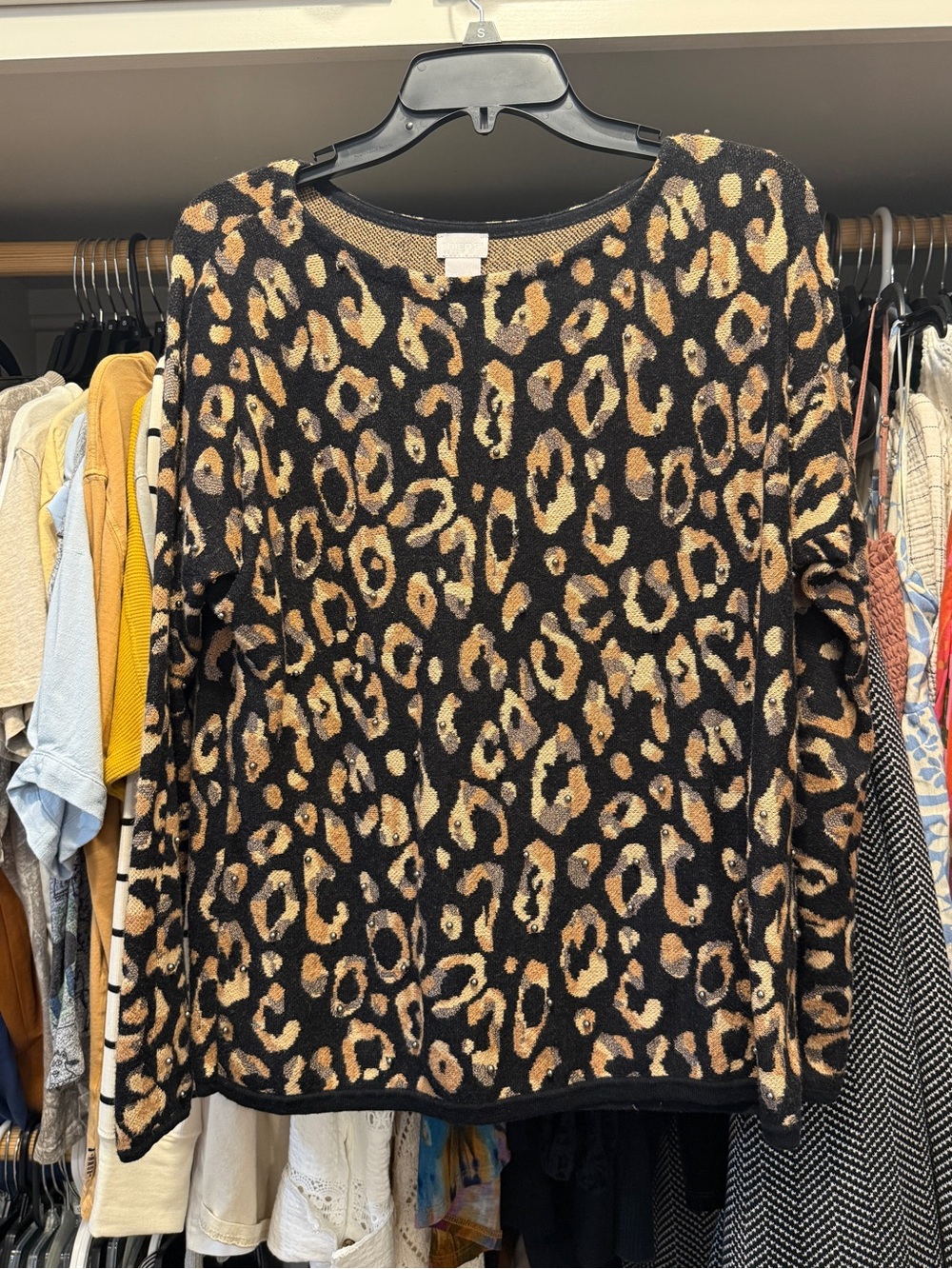 Chico's Black and Brown Leopard-Print Scoop Neck Sweater